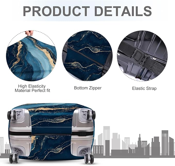 ANNA QUEEN Blue Marble Luggage Cover, Modern Gold Vein Abstract Design Suitcase - Image 4