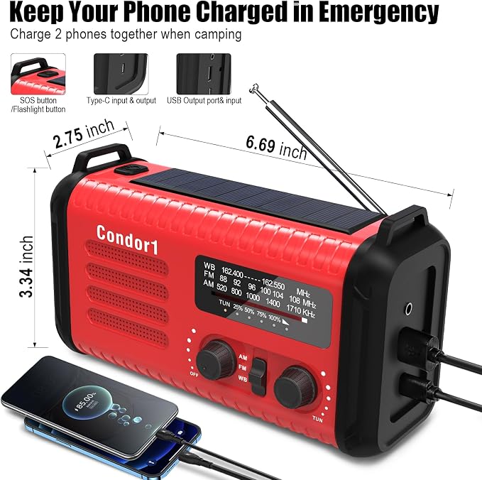 NOAA Weather Radio 20000mAh Battery Powered｜Solar Hand Crank Emergency Radio - Image 4