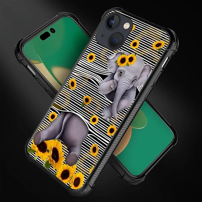 for iPhone 14 Plus Case, Cute Little Elephant Sunflower White Line Art Pattern - Image 3