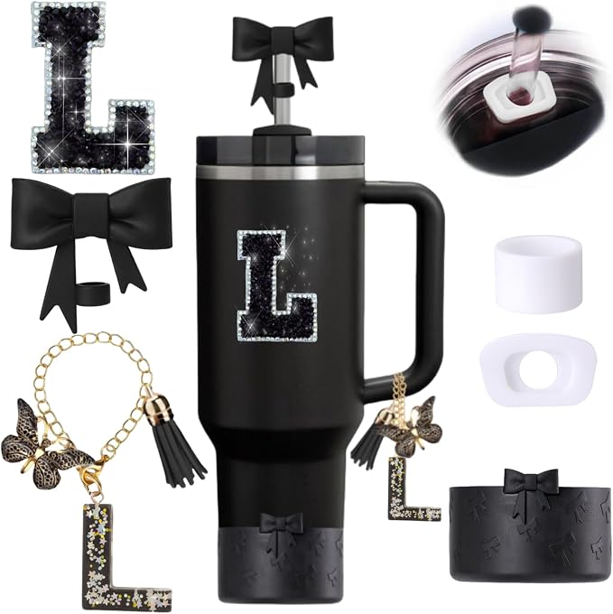6pcs Black Stanley Cup Accessories Set, Bow Straw Topper by MOTEERLLU