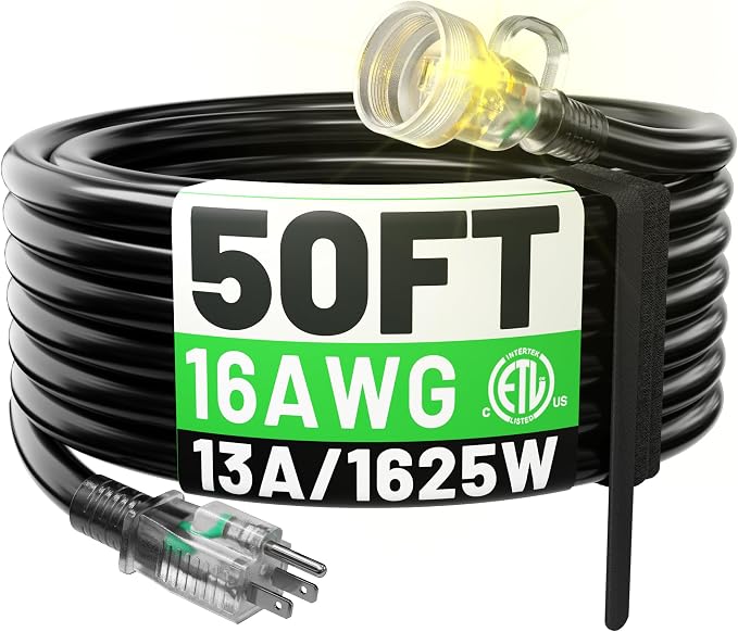 POWGRN 50FT 16 Gauge Black Outdoor Extension Cord Waterproof, 3 Prong Flexible by POWGRN