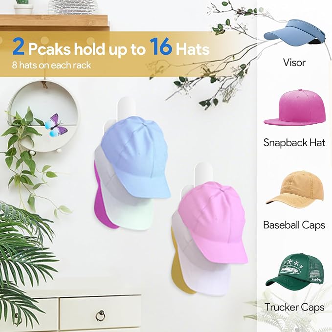 2 Pack Hat Rack for Baseball Cap, Adhesive Hat Hooks for Wall, Acrylic Hat - Image 3