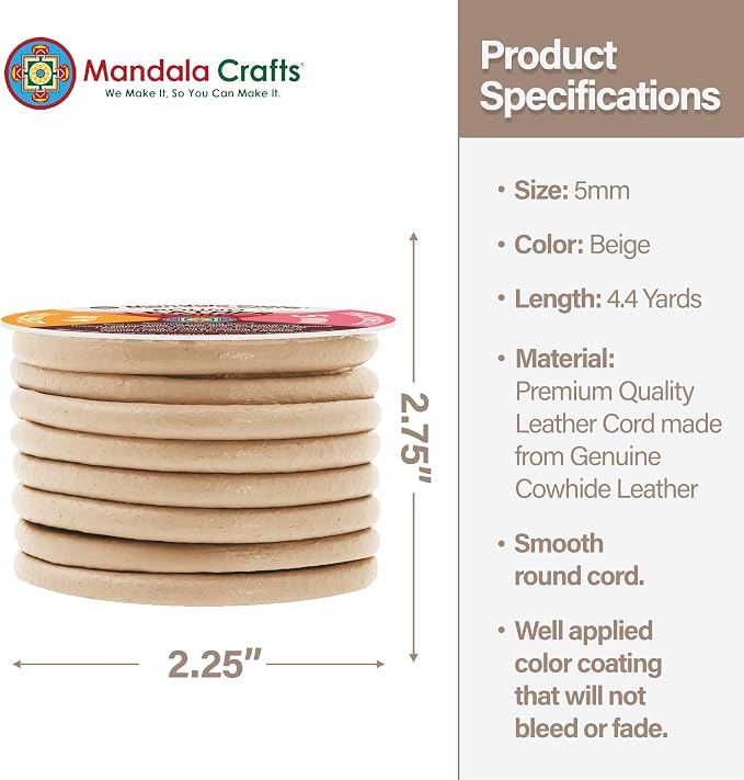 Mandala Crafts Round Genuine Beige Leather Cord - Image 2