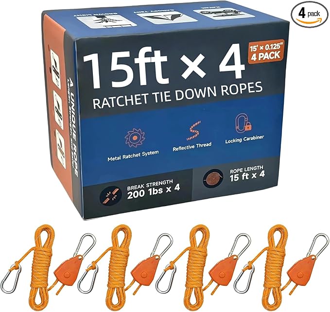 Longer 15ft Ratchet Straps Ropes Tie Down Rope Strap Small Mini Reflctive by KOKKOYA