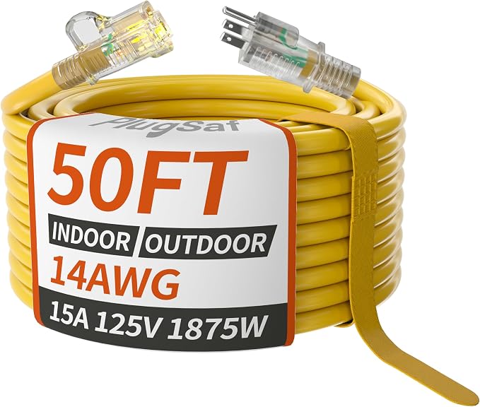 PlugSaf 14/3 Gauge Yellow Outdoor Extension Cord 50 ft Waterproof by PlugSaf