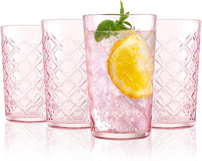 Drinking Highball Glasses Set of 4, Vintage Cross Hatch Glass Cups, 15.5oz Tall by CREATIVELAND