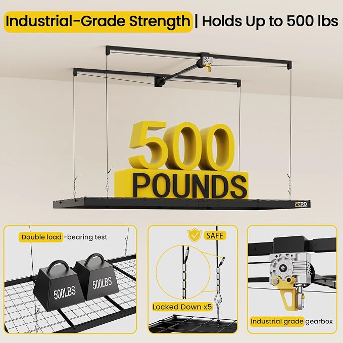 FERO Overhead Garage Storage Rack, 500 lb Capacity, 4x8 FT Garage Ceiling - Image 4