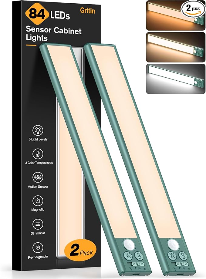 Gritin 10.2inch Under Cabinet Lighting Rechargeable 2 Pack- 3 Color Temps&5 by Gritin