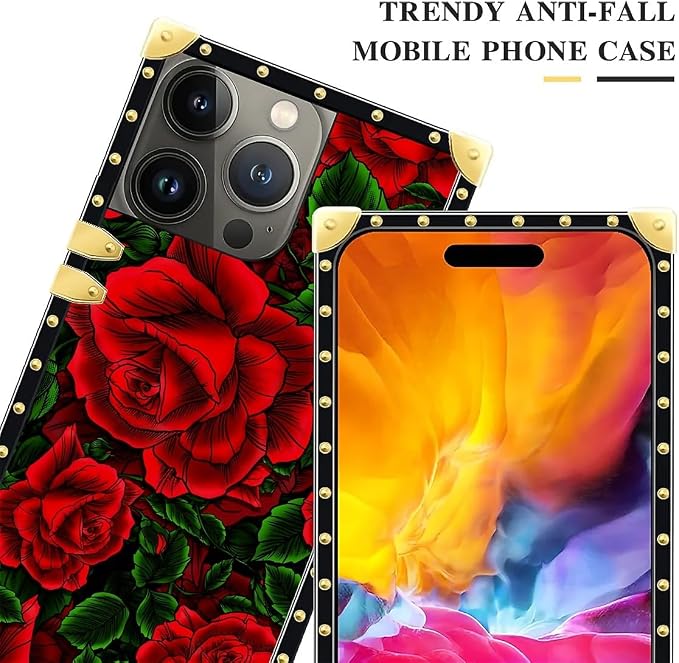 Compatible with iPhone 15 Pro Case, Vector Red Rose Green Leaf Luxury Golden - Image 4