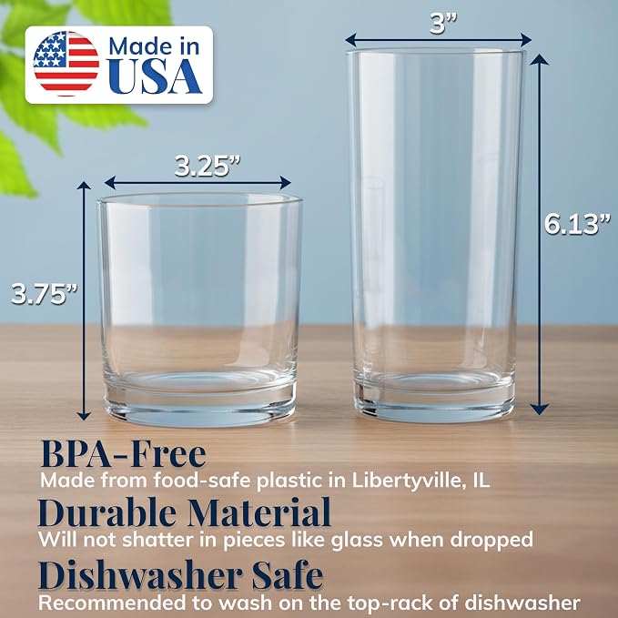 US Acrylic Classic Clear Plastic Reusable Drinking Glasses 12oz Rocks & 16oz - Image 2
