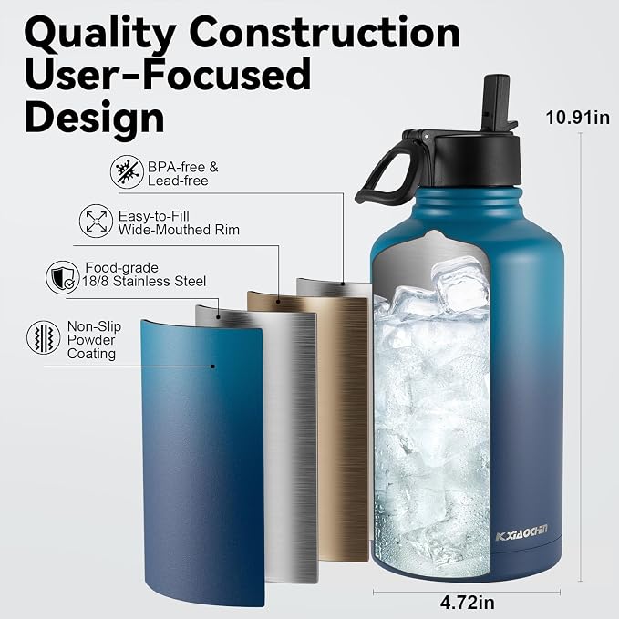 KXIAOCHEN Insulated Water Bottle, Stainless Steel Water Bottle, 2 Lids - Image 5