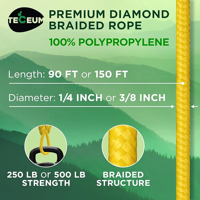 TECEUM Rope – 90 Feet x 1/4 Inch – Yellow – Strong All-Purpose Utility Rope – - Image 2