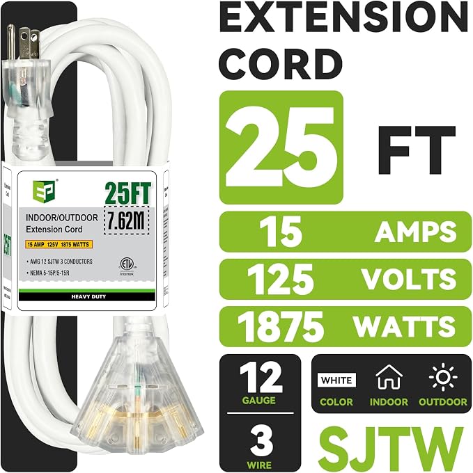 EP 25FT 12 Gauge Heavy Duty Extension Cord, 15A 125V 1875W, 3 Outlet - Image 2