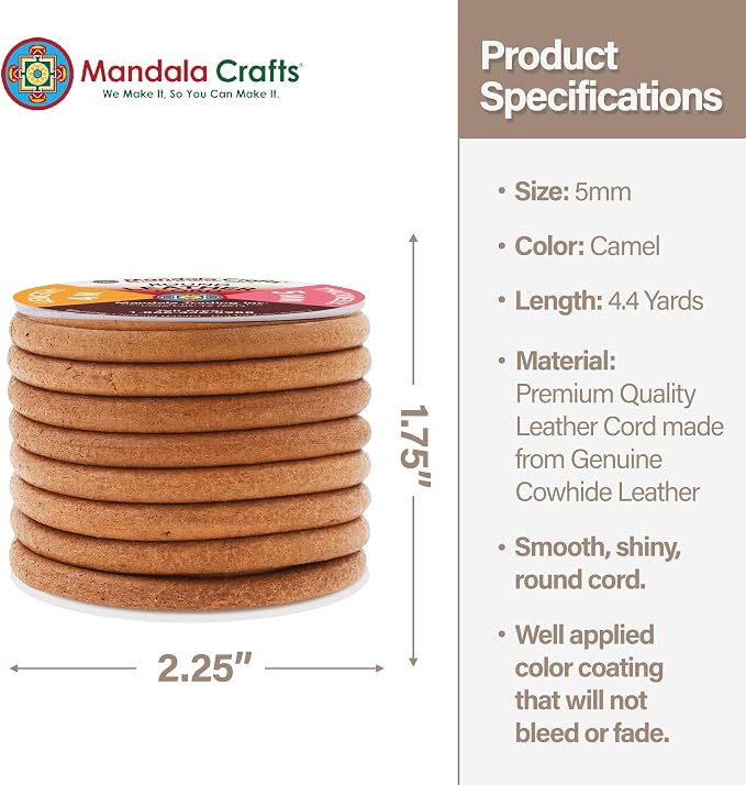 Mandala Crafts Round Genuine Camel Leather Cord - Image 4