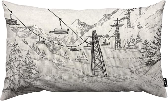 TKS MITLAN Mountain Ski Lift Pillow Cover 12x20 inch Sketch White Wintertime by TKS+MITLAN