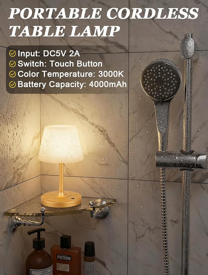 Kakanuo Gold Cordless Shower Lamp Waterproof, Rechargeable Cordless Lamp - Image 4