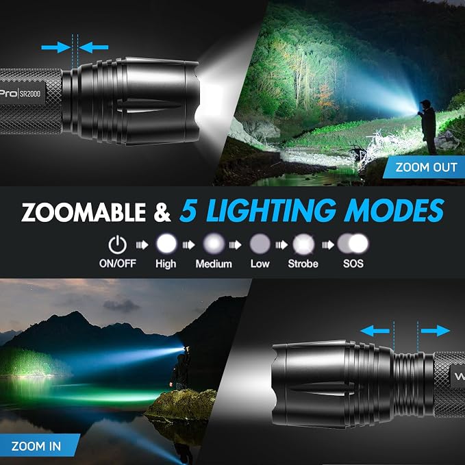 WdtPro LED Flashlight High Lumens SR2000 Pro, 2 Pack Brighter Tactical - Image 3