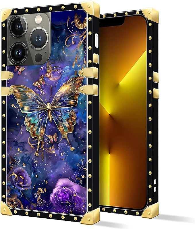 Compatible with iPhone 13 Pro Case, Glistening Golden Butterfly Vibrant Purple - Image 2