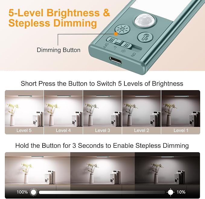 Gritin 10.2inch Under Cabinet Lighting Rechargeable 2 Pack- 3 Color Temps&5 - Image 5