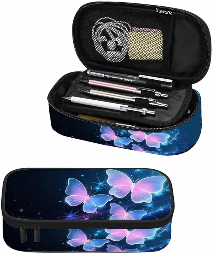 Glowing Butterflies Pencil Bag Sparkle Stars Bright Dark Blue Big Capacity by Unknown