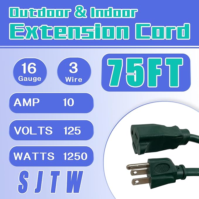 Indoor Outdoor Extension Cord 75 FT, 16/3 SJTW Weatherproof Green Electrical - Image 2