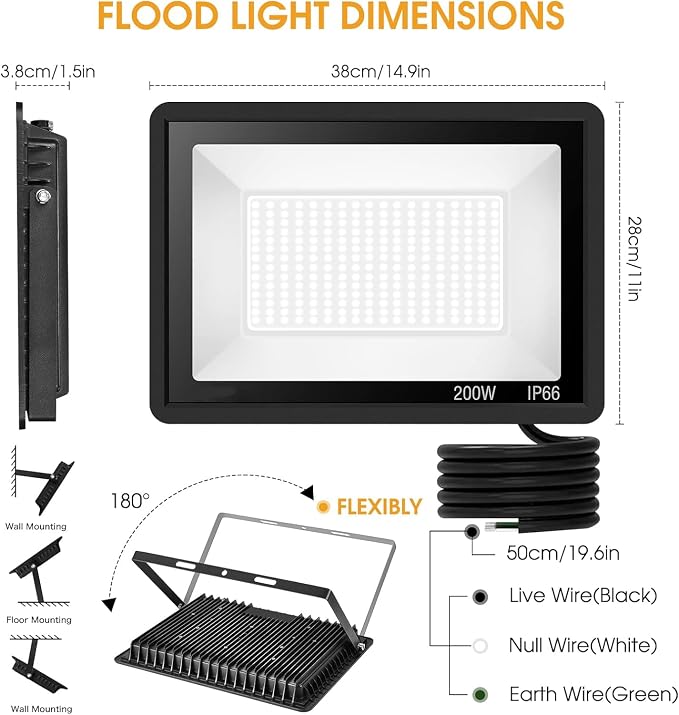 XYCN 200W LED Flood Light 2 Pack, 22500lm Super Bright Security Lights - Image 2