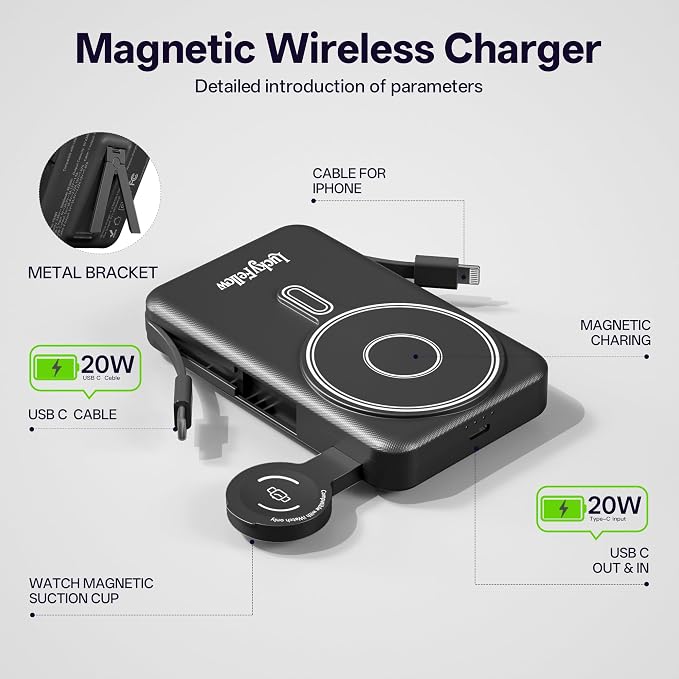 Magnetic Portable Charger Built-in Cables, 10000mAh Fast Charging Wireless - Image 3
