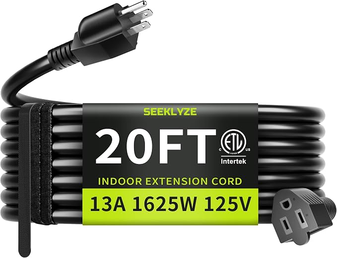 16/3 Black 20 FT Extension Cord, Indoor Extension Cord by Seeklyze