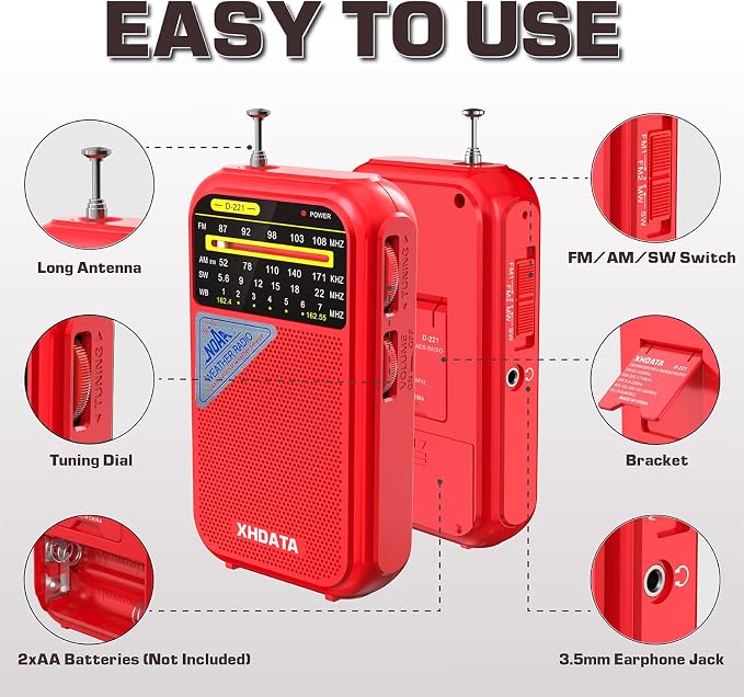 XHDATA D221 NOAA Weather Radio Portable AM FM Shortwave Radio Receiver - Image 5