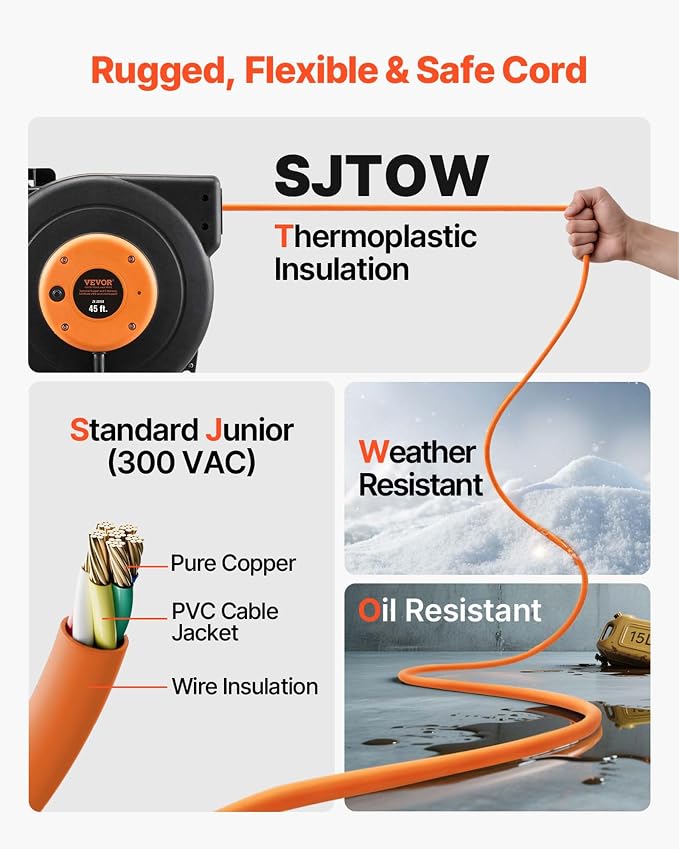 VEVOR Retractable Extension Cord Reel, 45 FT, Heavy Duty 12AWG/3C SJTOW Power - Image 4