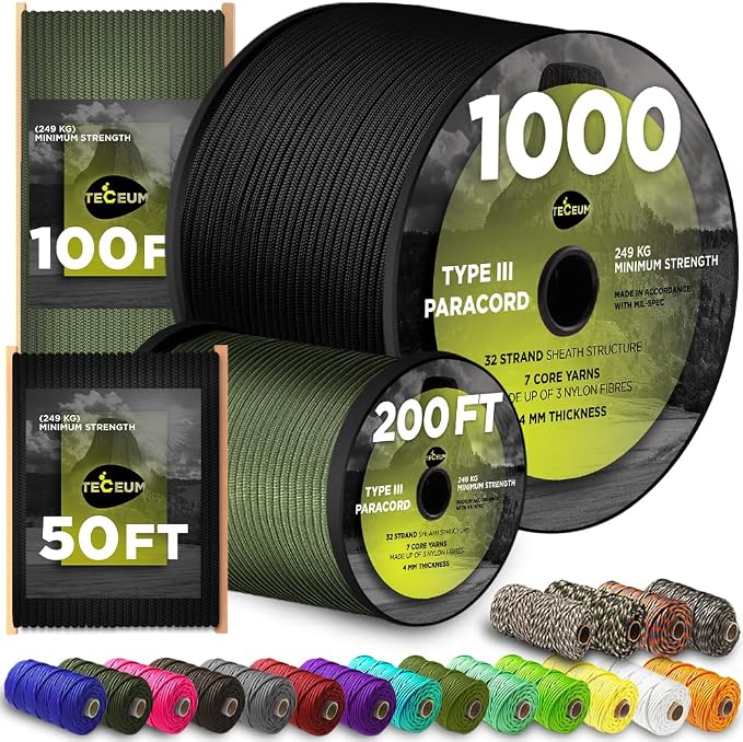TECEUM 5/32" Paracord Rope 1000 – 1000ft / 200ft / 100ft / 50ft – Tactical by TECEUM