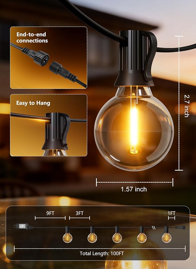 Outdoor String Lights with Remote, 100Ft Outside Waterproof Light with Dimmable - Image 8
