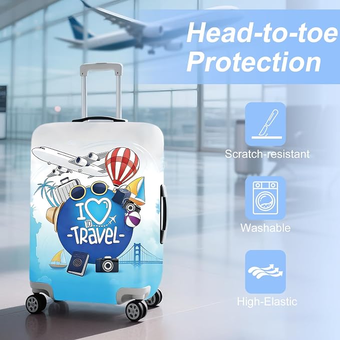 ANNA QUEEN I Love Travel Themed Luggage Cover, Stretchable Suitcase Protector - Image 3