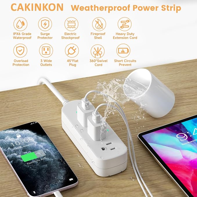 Outdoor Power Strip Weatherproof 3 FT Extension Cord Waterproof Surge Protector - Image 3