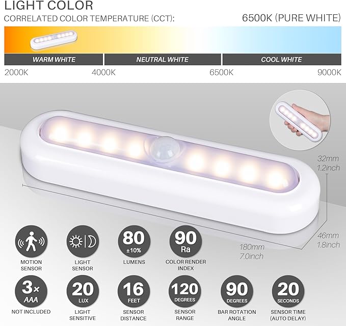 STAR-SPANGLED 3 Pack 7” Motion Sensor Lights Indoor Battery Operated, Stick on - Image 4