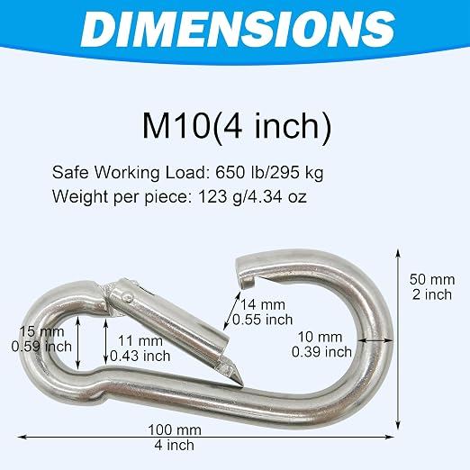304 Stainless Steel Carabiners -4 inch Heavy Duty, Durable & Rust-Free Clips - Image 3