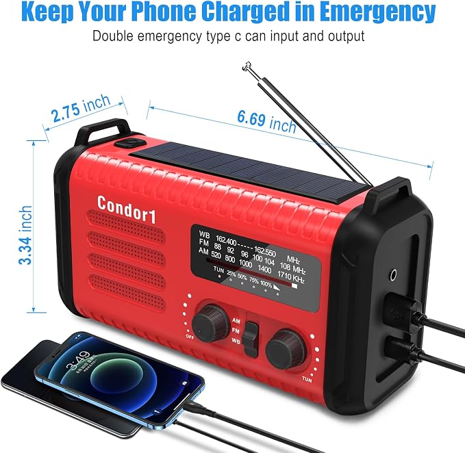 20000mAh Emergency Weather Radio, Solar Hand Crank Portable AM/FM/NOAA Radio - Image 5