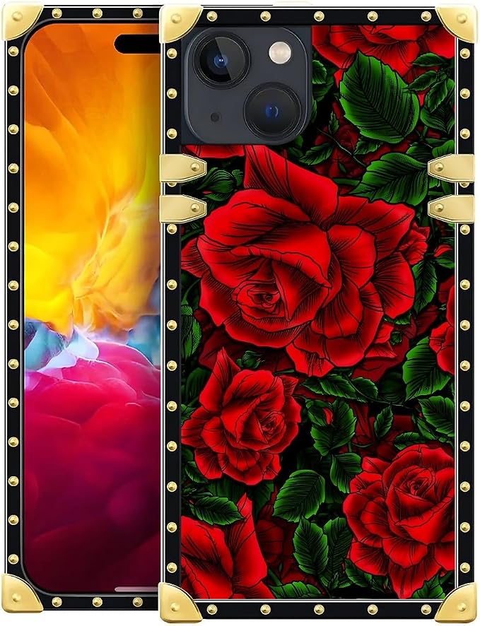 Compatible with iPhone 15 Case, Vector Red Rose Green Leaf Luxury Golden by Unknown