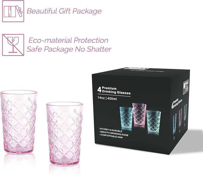 Drinking Highball Glasses Set of 4, Vintage Cross Hatch Glass Cups, 15.5oz Tall - Image 7