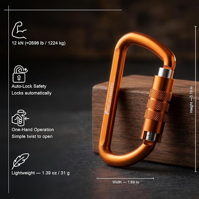 FresKaro 3inch 12kN-2698lbs Auto Locking Carabiner Clips, Solid D Shape - Image 2