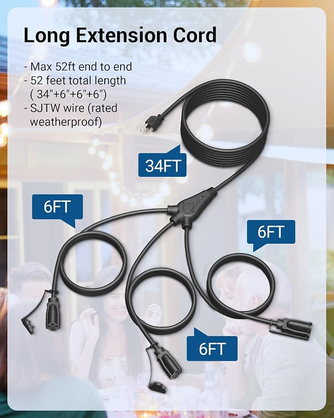 DEWENWILS Outdoor Extension Cord 1 to 3 Splitter, Total 52FT, 13A 125V 1625W - Image 2