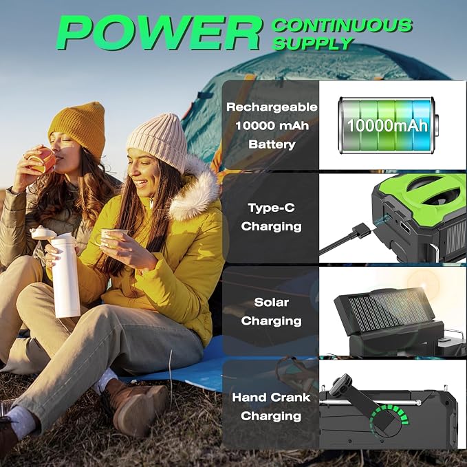 NITIGO Emergency Weather Radio 37000mWh Solar Hank Crank Radio USB Charged - Image 6