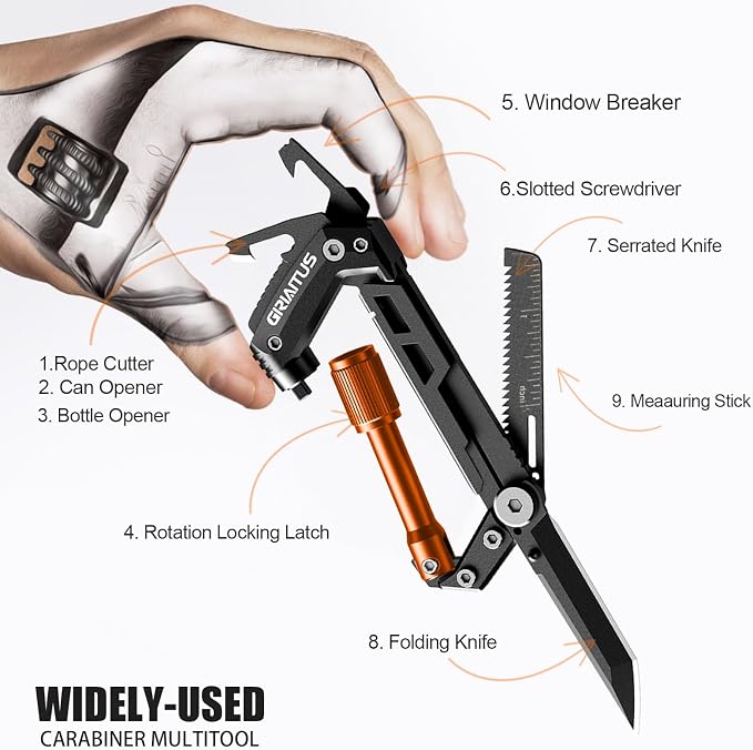 Carabiner Multitool with Pocket Knives, EDC Carabiners, Serrated Knife - Image 3
