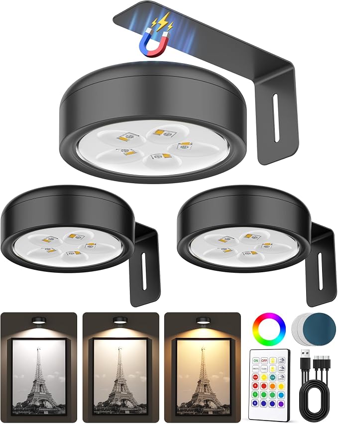 3 Pack Picture Lights for Wall, Wireless 2000mAh Rechargeable Magnetic LED Puck by ERMTCTSWallLights