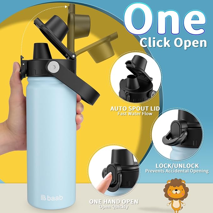 baab 18oz Kids Water Bottle, Insulated Kids Water Bottle - Image 3
