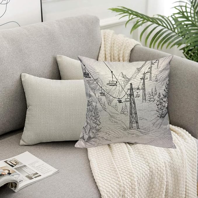 TKS MITLAN Mountain Ski Lift Pillow Cover 18x18 inch Sketch White Wintertime - Image 5