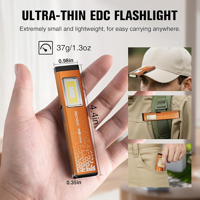 RECHOO Flat EDC Flashlight Rechargeable, 8-Mode Slim Pocket Flashlight - Image 2