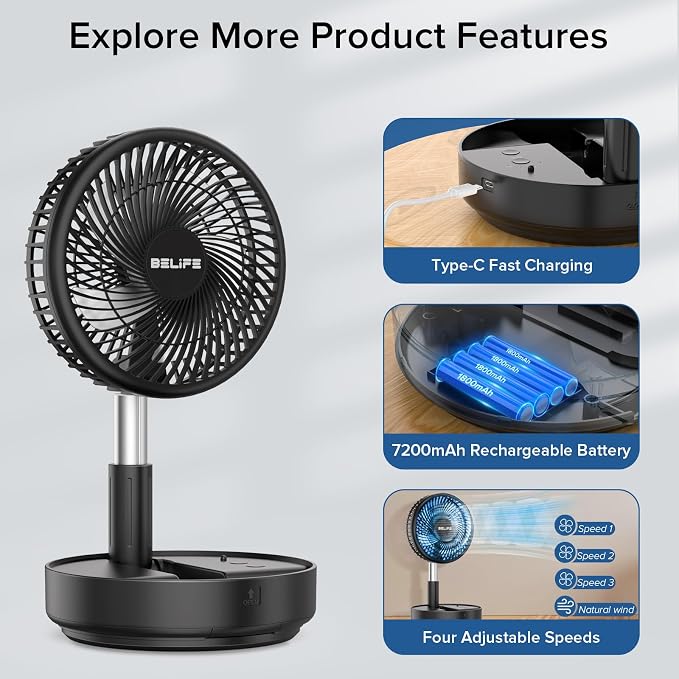 Belife X8 Portable Fan, 7200mAh Battery Powered Rechargeable, Oscillating USB - Image 3
