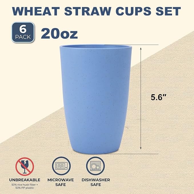 Wrova Wheat Straw Cups 6 PCS Good Alternative to Plastic Reusable Cups 20 oz - Image 2