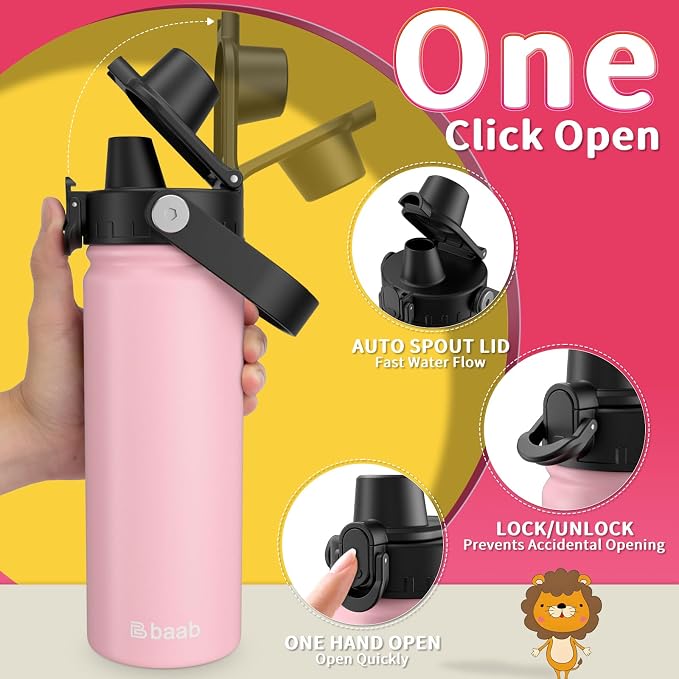 baab 18oz Kids Water Bottle, Insulated Kids Water Bottle - Image 4